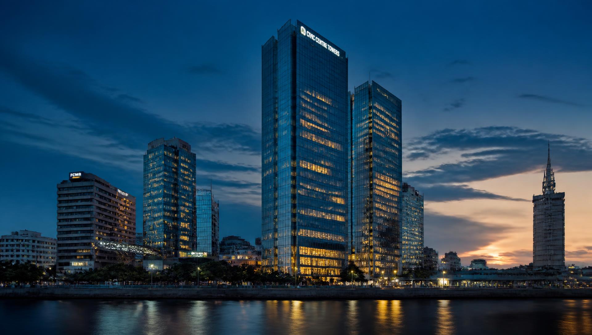 Corporate business district skyline at dusk
